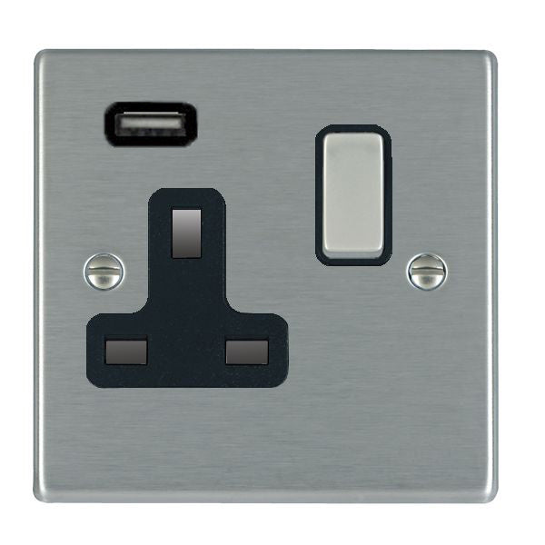 Hartland 74SS1USBSS-B 1 gang 13A Single Pole Switched Socket with 1 USB Outlet 1x2.1A Satin Steel with Satin Steel/Black Inserts