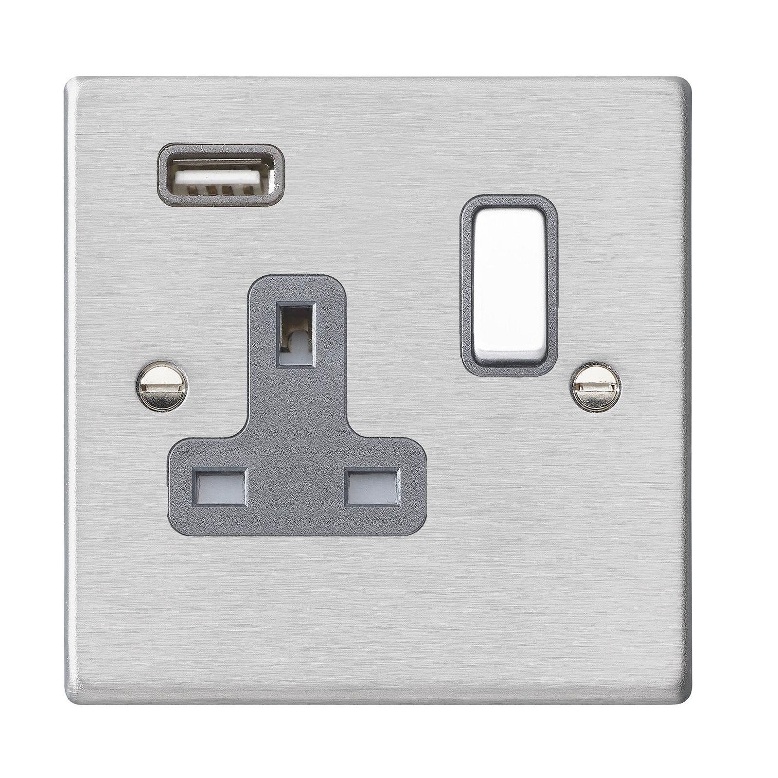 Hartland 74SS1USBSS-QG 1 gang 13A Single Pole Switched Socket with 1 USB Outlet 1x2.1A Satin Steel with Satin Steel/Quartz Grey Inserts