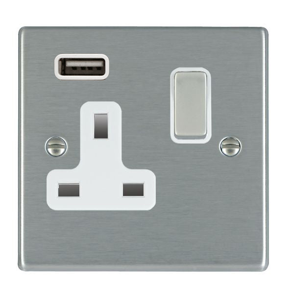 Hartland 74SS1USBSS-W 1 gang 13A Single Pole Switched Socket with 1 USB Outlet 1x2.1A Satin Steel with Satin Steel/White Inserts