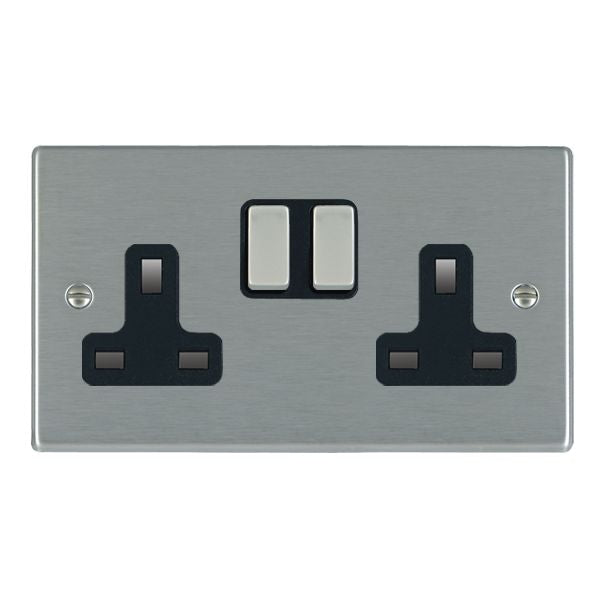 Hartland 74SS2SS-B 2 gang 13A Double Pole Switched Socket Satin Steel with Satin Steel/Black Inserts