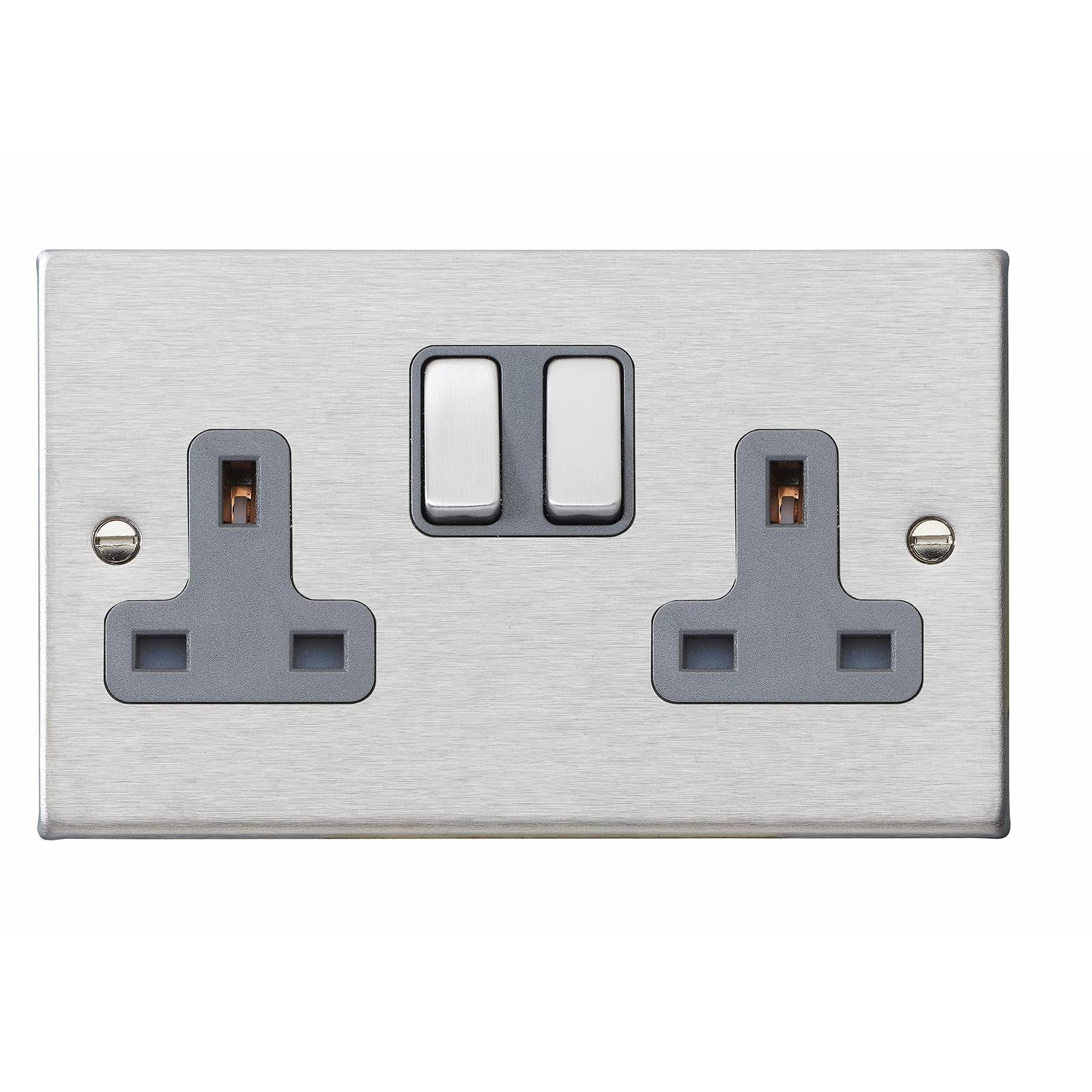 Hartland 74SS2SS-QG 2 gang 13A Double Pole Switched Socket Satin Steel with Satin Steel/Quartz Grey Inserts
