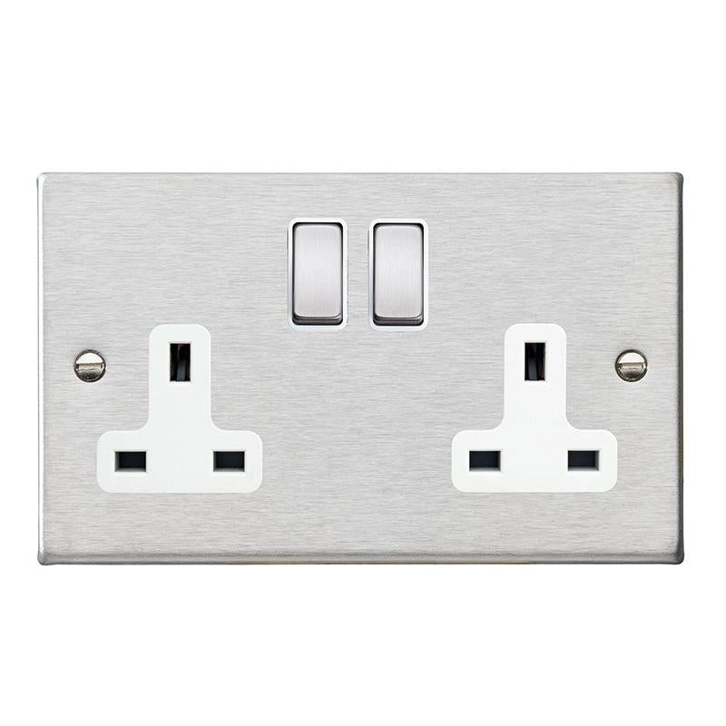 Hartland 74SS2SS-W 2 gang 13A Double Pole Switched Socket Satin Steel with Satin Steel/White Inserts