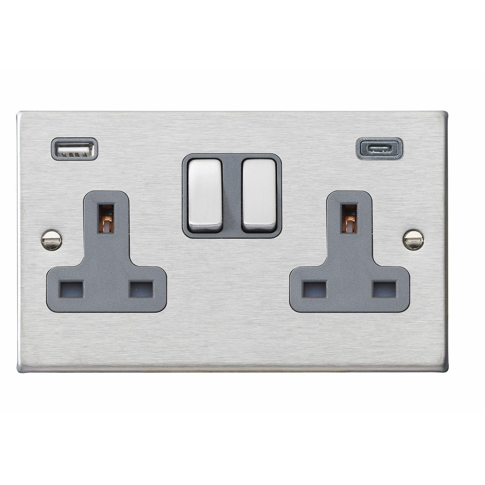 Hartland 74SS2USBCSS-QG 2 gang 13A Double Pole Switched Socket with 1 USB Outlet + 1 USB Type C Outlet 2x2.4A (4.8A Total) Satin Steel with Satin Steel/Quartz Grey Inserts