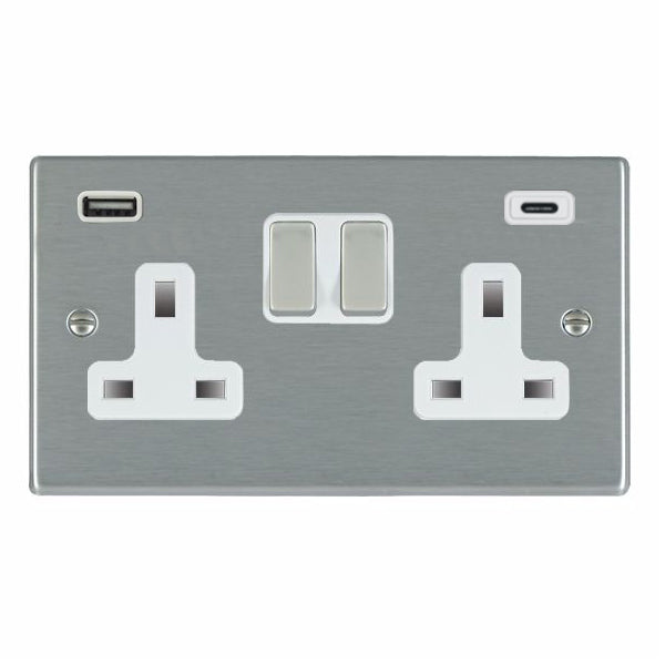 Hartland 74SS2USBCSS-W 2 gang 13A Double Pole Switched Socket with 1 USB Outlet + 1 USB Type C Outlet 2x2.4A (4.8A Total) Satin Steel with Satin Steel/White Inserts