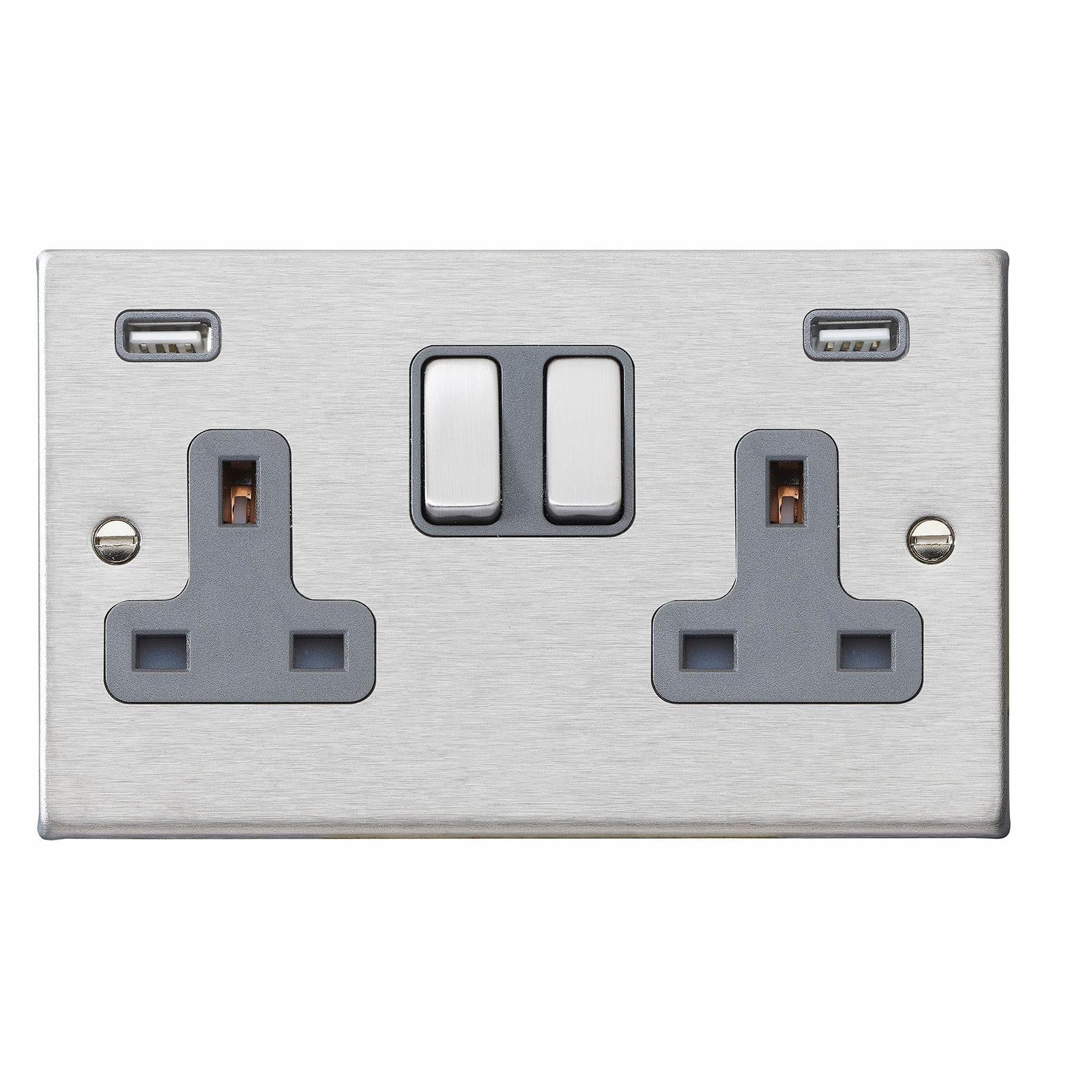 Hartland 74SS2USBULTSS-QG 2 gang 13A Double Pole Switched Socket with 2 USB Outlets 2x2.4A (4.8A Total) Satin Steel with Satin Steel/Quartz Grey Inserts