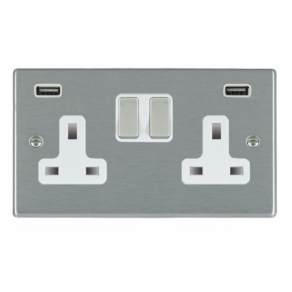 Hartland 74SS2USBULTSS-W 2 gang 13A Double Pole Switched Socket with 2 USB Outlets 2x2.4A (4.8A Total) Satin Steel with Satin Steel/White Inserts