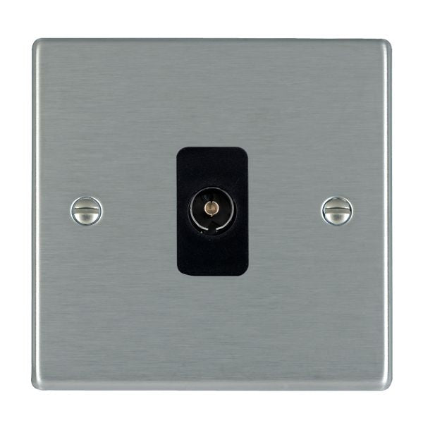 Hartland 74TVB 1 gang Non-Isolated TV 1in/1out Satin Steel with Black Inserts