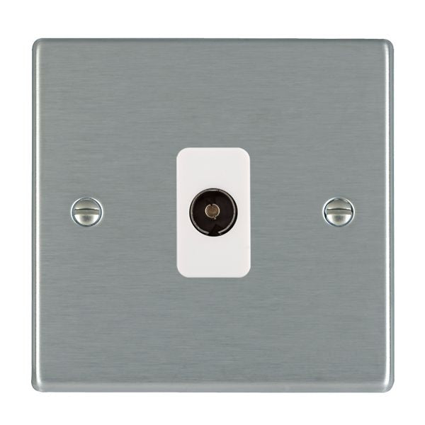 Hartland 74TVIW 1 gang Isolated TV 1in/1out Satin Steel with White Inserts