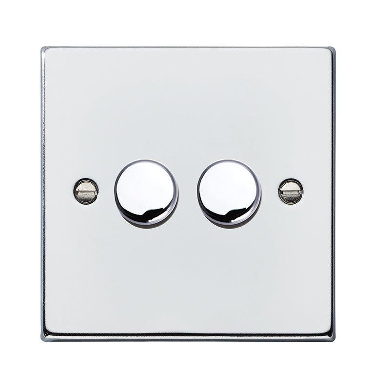 Hartland 772XLEDITB250 2 gang 250W LED Trailing/Leading Edge Push On/Off Rotary 2 Way Switching Dimmer Bright Chrome with Bright Chrome Inserts