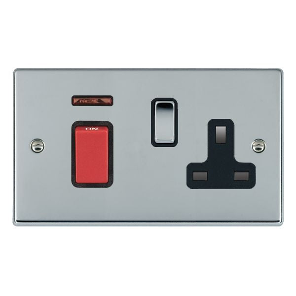 Hartland 7745SS1BC-B 45A Double Pole Red Rocker + Neon + 13A Switched Socket Bright Chrome with Red+Bright Chrome/Black Inserts