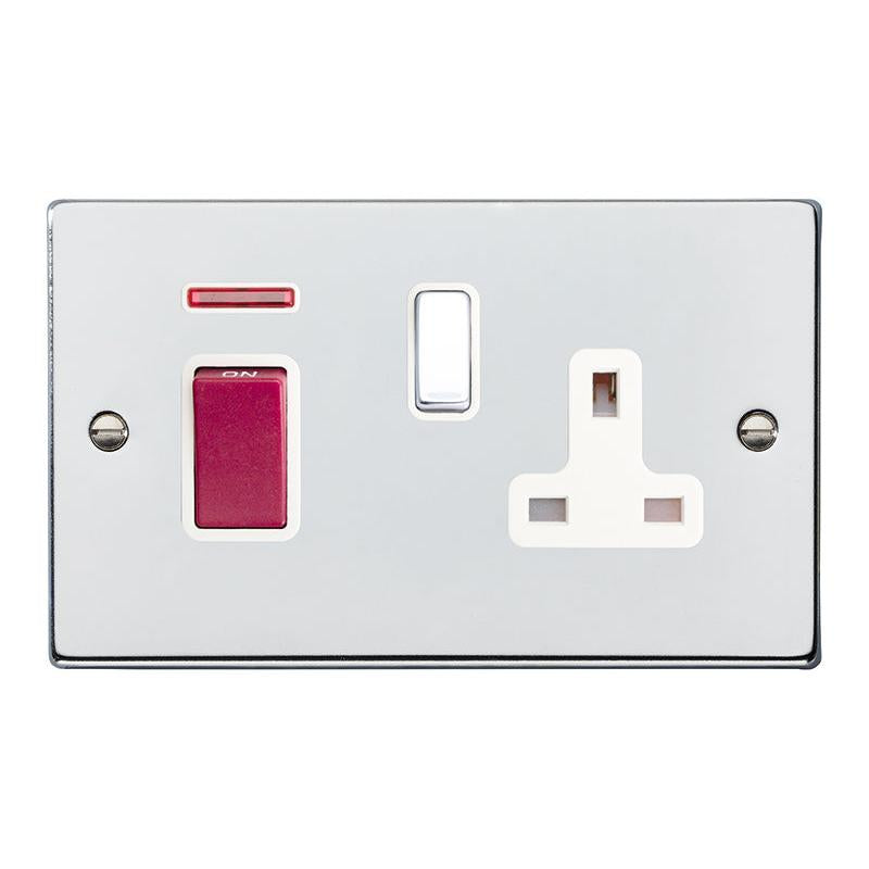 Hartland 7745SS1BC-W 45A Double Pole Red Rocker + Neon + 13A Switched Socket Bright Chrome with Red+Bright Chrome/White Inserts