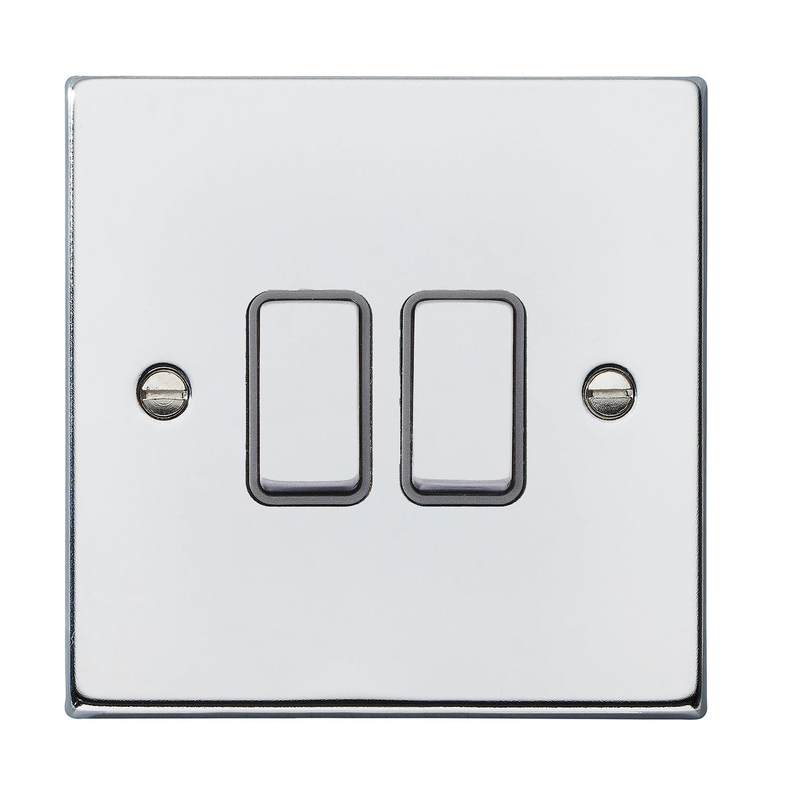 Hartland 77R22BC-QG 2 gang 10AX 2 Way Rocker Bright Chrome with Bright Chrome/Quartz Grey Inserts