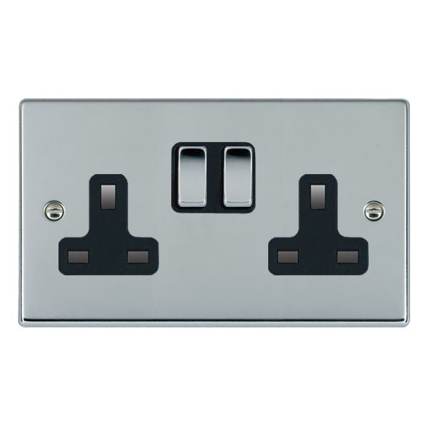 Hartland 77SS2BC-B 2 gang 13A Double Pole Switched Socket Bright Chrome with Bright Chrome/Black Inserts