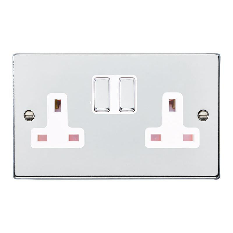 Hartland 77SS2BC-W 2 gang 13A Double Pole Switched Socket Bright Chrome with Bright Chrome/White Inserts