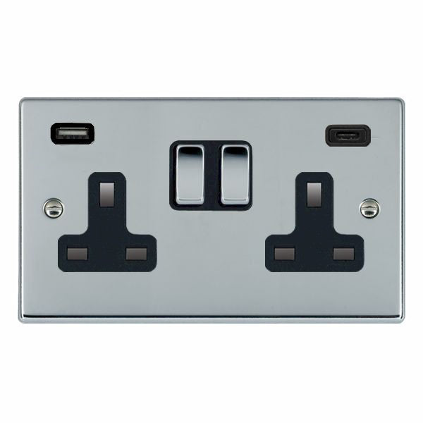 Hartland 77SS2USBCBC-B 2 gang 13A Double Pole Switched Socket with 1 USB Outlet + 1 USB Type C Outlet 2x2.4A (4.8A Total) Bright Chrome with Bright Chrome/Black Inserts
