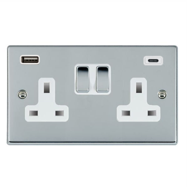 Hartland 77SS2USBCBC-W 2 gang 13A Double Pole Switched Socket with 1 USB Outlet + 1 USB Type C Outlet 2x2.4A (4.8A Total) Bright Chrome with Bright Chrome/White Inserts