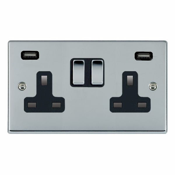 Hartland 77SS2USBULTBC-B 2 gang 13A Double Pole Switched Socket with 2 USB Outlets 2x2.4A (4.8A Total) Bright Chrome with Bright Chrome/Black Inserts