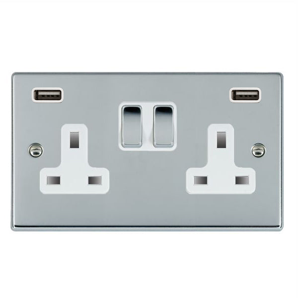 Hartland 77SS2USBULTBC-W 2 gang 13A Double Pole Switched Socket with 2 USB Outlets 2x2.4A (4.8A Total) Bright Chrome with Bright Chrome/White Inserts