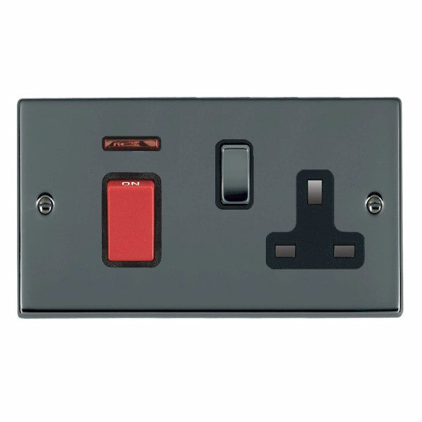 Hartland 7845SS1BK-B 45A Double Pole Red Rocker + Neon + 13A Switched Socket Black Nickel with Red+Black Nickel/Black Inserts