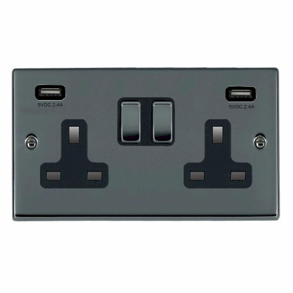 Hartland 78SS2USBULTBK-B 2 gang 13A Double Pole Switched Socket with 2 USB Outlets 2x2.4A (4.8A Total) Black Nickel with Black Nickel/Black Inserts
