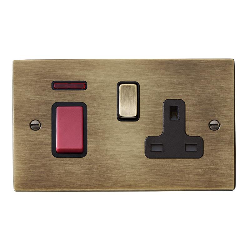 Hartland 7945SS1AB-B 45A Double Pole Red Rocker + Neon + 13A Switched Socket Antique Brass with Red+Antique Brass/Black Inserts