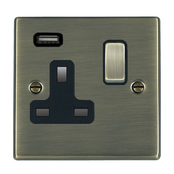 Hartland 79SS1USBAB-B 1 gang 13A Single Pole Switched Socket with 1 USB Outlet 1x2.1A Antique Brass with Antique Brass/Black Inserts