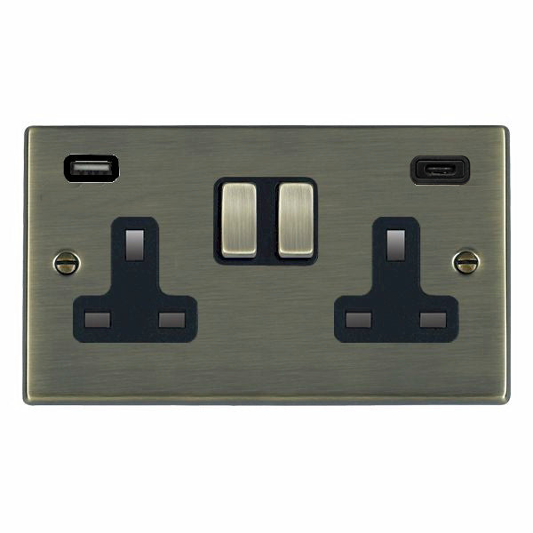 Hartland 79SS2USBCAB-B 2 gang 13A Double Pole Switched Socket with 1 USB Outlet + 1 USB Type C Outlet 2x2.4A (4.8A Total) Antique Brass with Antique Brass/Black Inserts