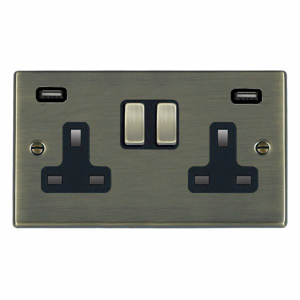 Hartland 79SS2USBULTAB-B 2 gang 13A Double Pole Switched Socket with 2 USB Outlets 2x2.4A (4.8A Total) Antique Brass with Antique Brass/Black Inserts
