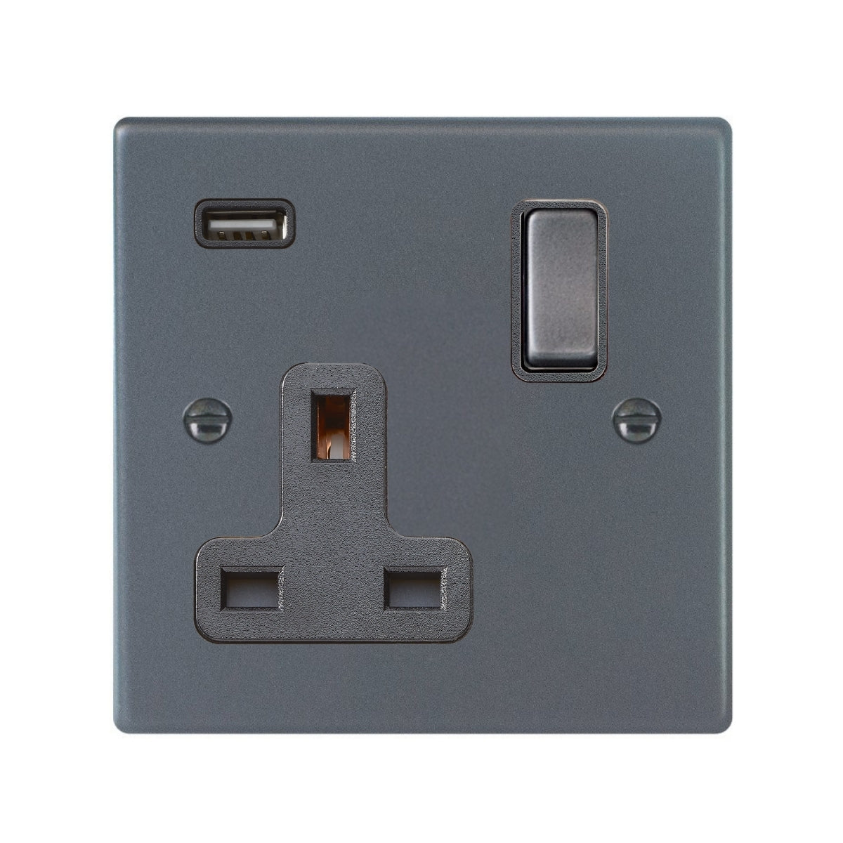 Hartland 7ASS1USBGA-QG 1 gang 13A Single Pole Switched Socket with 1 USB Outlet 1x2.1A Anthra Gray with Anthra Gray/Quartz Grey Inserts