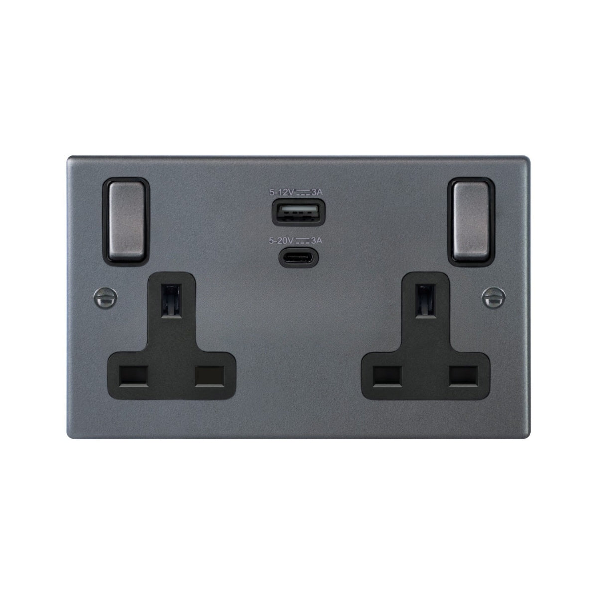 Hartland 7ASS2USBPDGA-QG 2 gang 13A Single Pole Switched Socket with 45W Type A & C Quick Charge and Power Delivery Anthra Gray with Anthra Gray/Quartz Grey Inserts