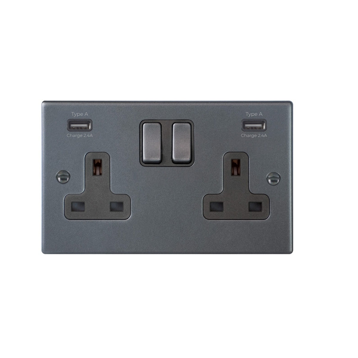 Hartland 7ASS2USBULTGA-QG 2 gang 13A Double Pole Switched Socket with 2 USB Outlets 2x2.4A (4.8A Total) Anthra Gray with Anthra Gray/Quartz Grey Inserts