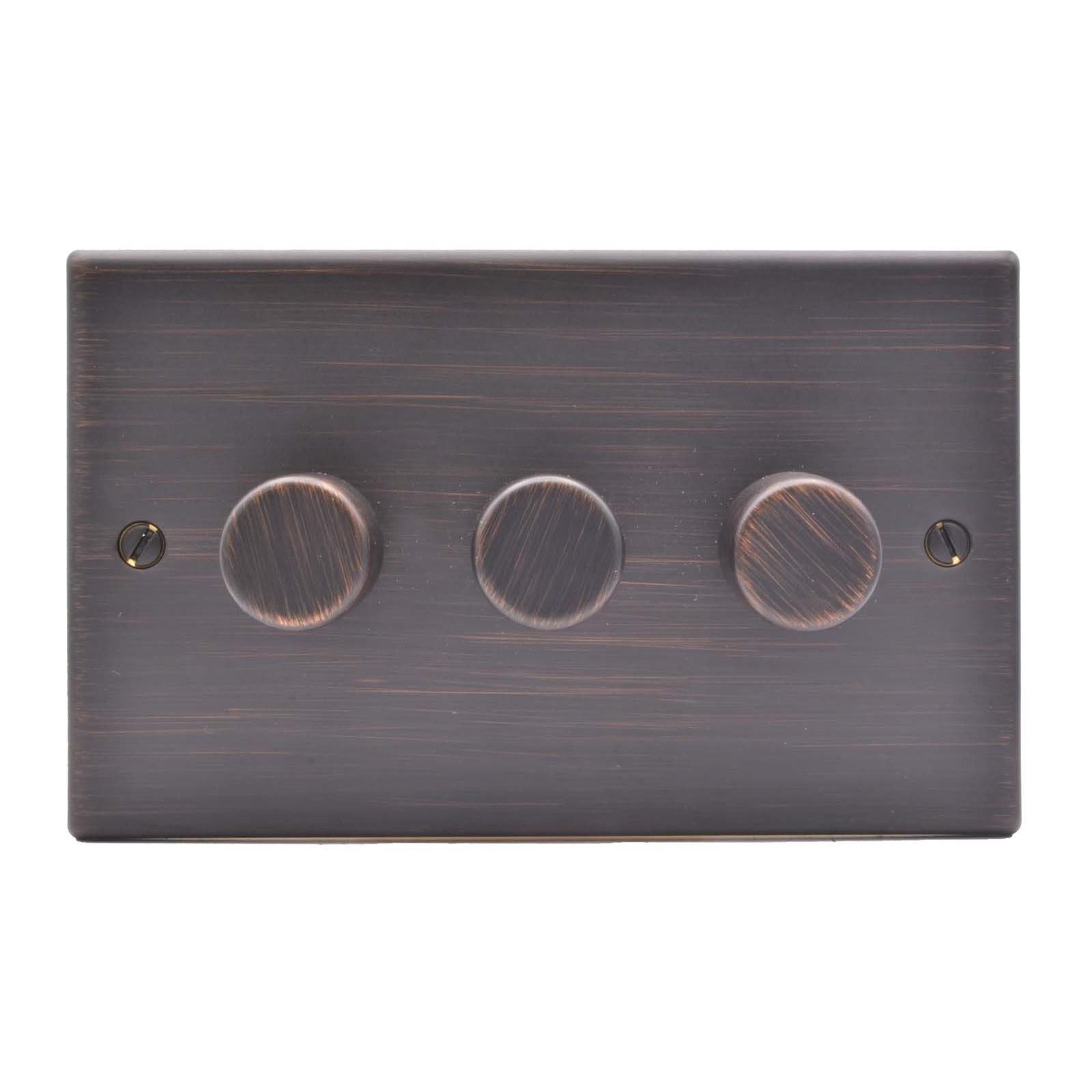 Hartland 7EB3XLEDITB250 3 gang 250W LED Trailing/Leading Edge Push On/Off Rotary 2 Way Switching Dimmer Etrium Bronze with Etrium Bronze Inserts