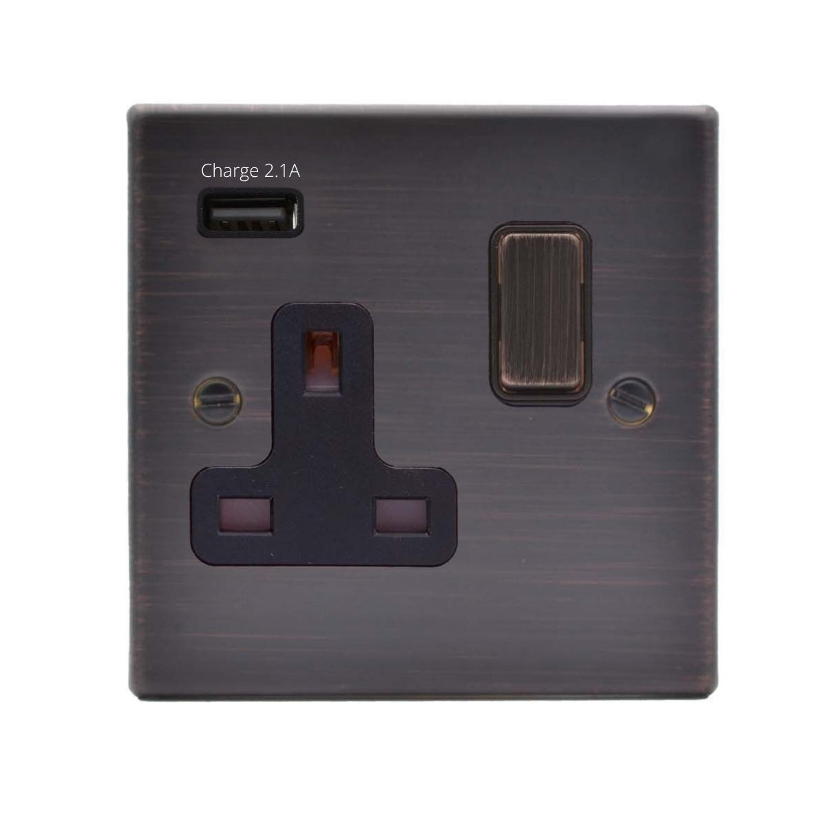 Hartland 7EBSS1USBEB-B 1 gang 13A Single Pole Switched Socket with 1 USB Outlet 1x2.1A Etrium Bronze with Etrium Bronze/Black Inserts