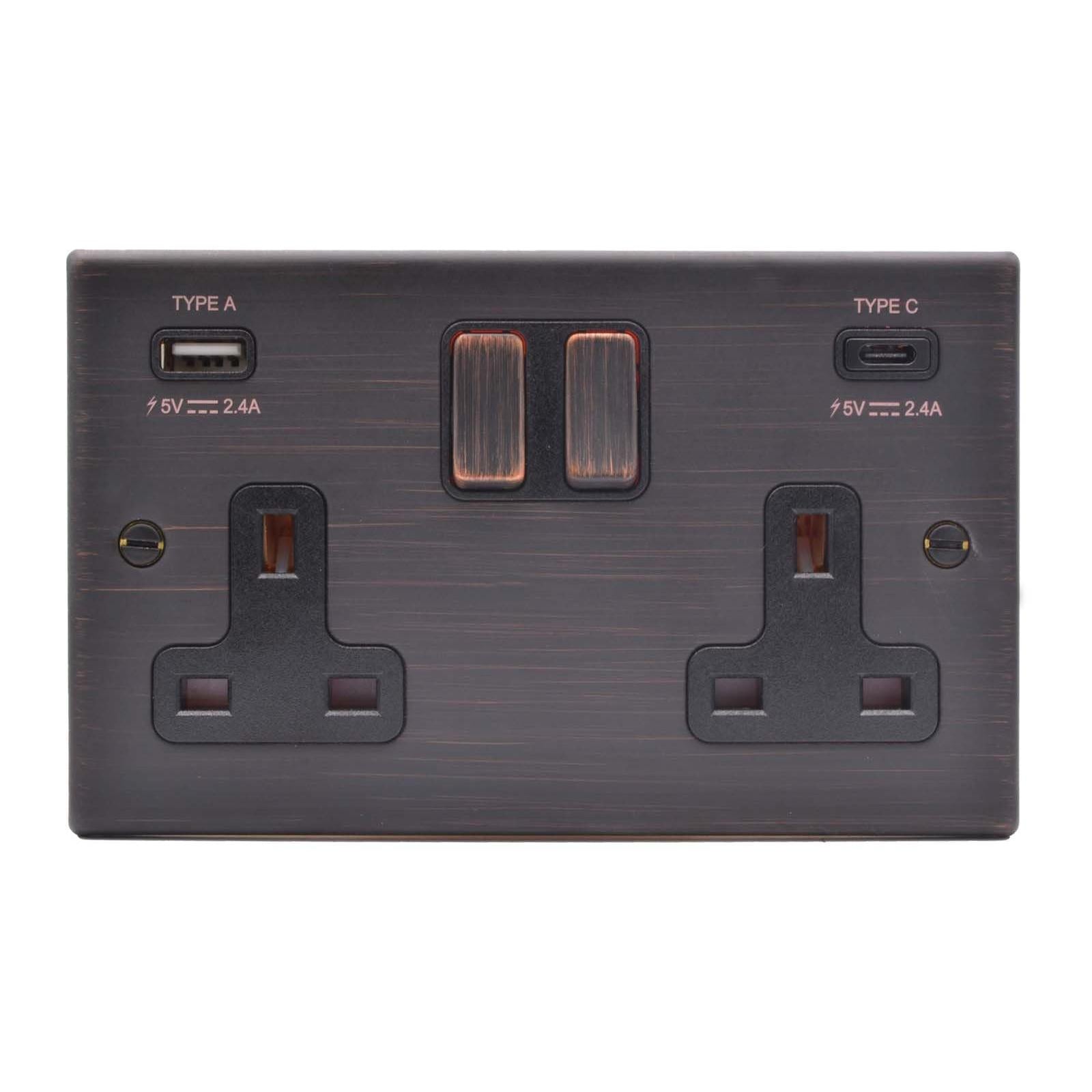 Hartland 7EBSS2USBCEB-B 2 gang 13A Double Pole Switched Socket with 1 USB Outlet + 1 USB Type C Outlet 2x2.4A (4.8A Total) Etrium Bronze with Etrium Bronze/Black Inserts