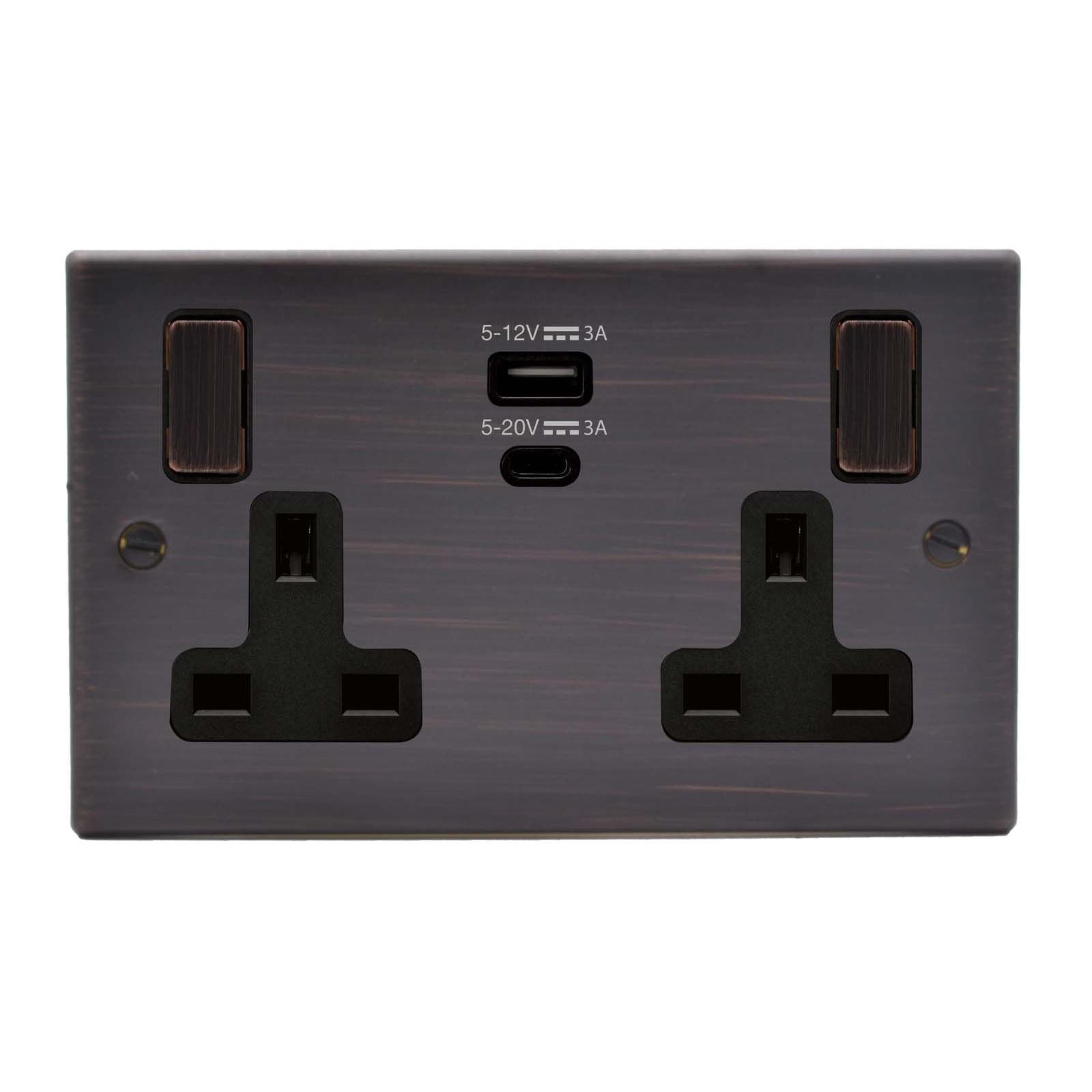 Hartland 7EBSS2USBPDEB-B 2 gang 13A Single Pole Switched Socket with 45W Type A & C Quick Charge and Power Delivery Etrium Bronze with Etrium Bronze/Black Inserts