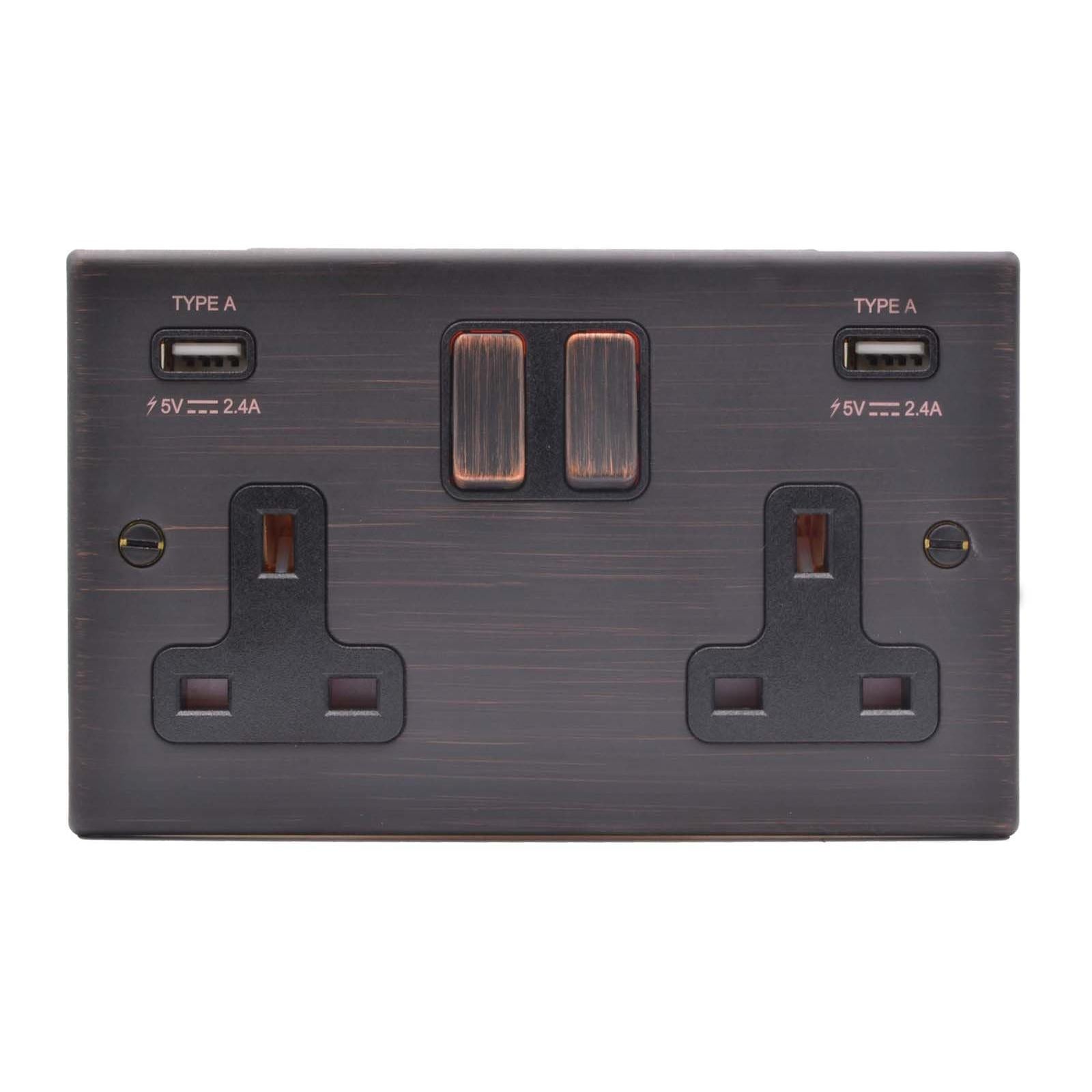Hartland 7EBSS2USBULTEB-B 2 gang 13A Double Pole Switched Socket with 2 USB Outlets 2x2.4A (4.8A Total) Etrium Bronze with Etrium Bronze/Black Inserts