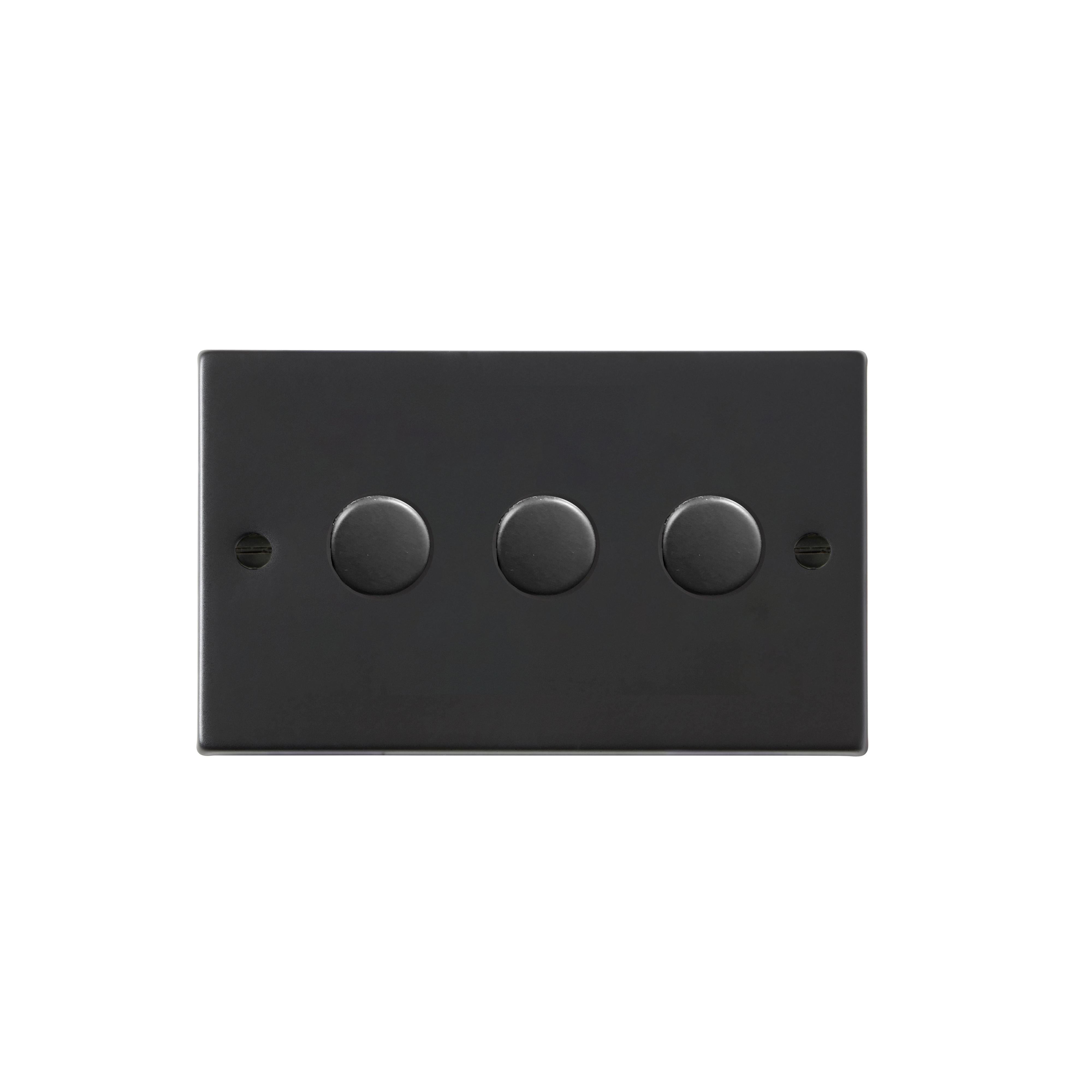 Hartland 7MB3XLEDITB250 3 gang 250W LED Trailing/Leading Edge Push On/Off Rotary 2 Way Switching Dimmer Matt Black with Matt Black Inserts