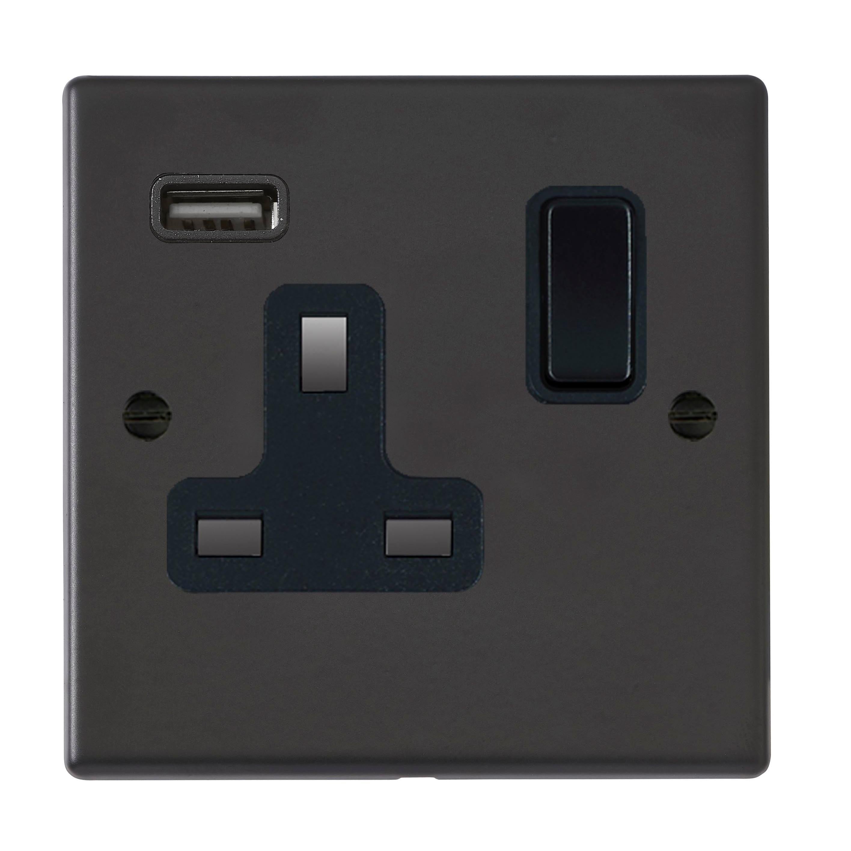 Hartland 7MBSS1USBBL-B 1 gang 13A Single Pole Switched Socket with 1 USB Outlet 1x2.1A Matt Black with Black/Black Inserts