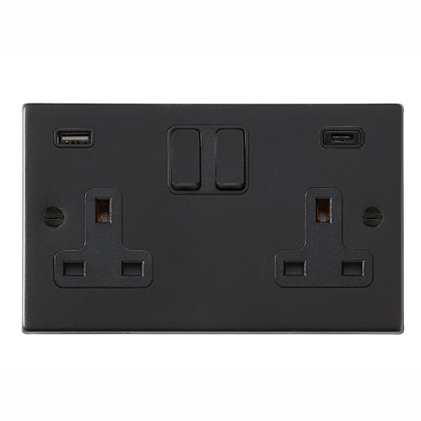 Hartland 7MBSS2USBCBL-B 2 gang 13A Double Pole Switched Socket with 1 USB Outlet + 1 USB Type C Outlet 2x2.4A (4.8A Total) Matt Black with Black/Black Inserts