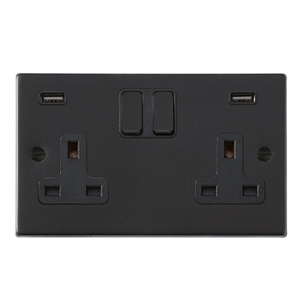 Hartland 7MBSS2USBULTBL-B 2 gang 13A Double Pole Switched Socket with 2 USB Outlets 2x2.4A (4.8A Total) Matt Black with Black/Black Inserts