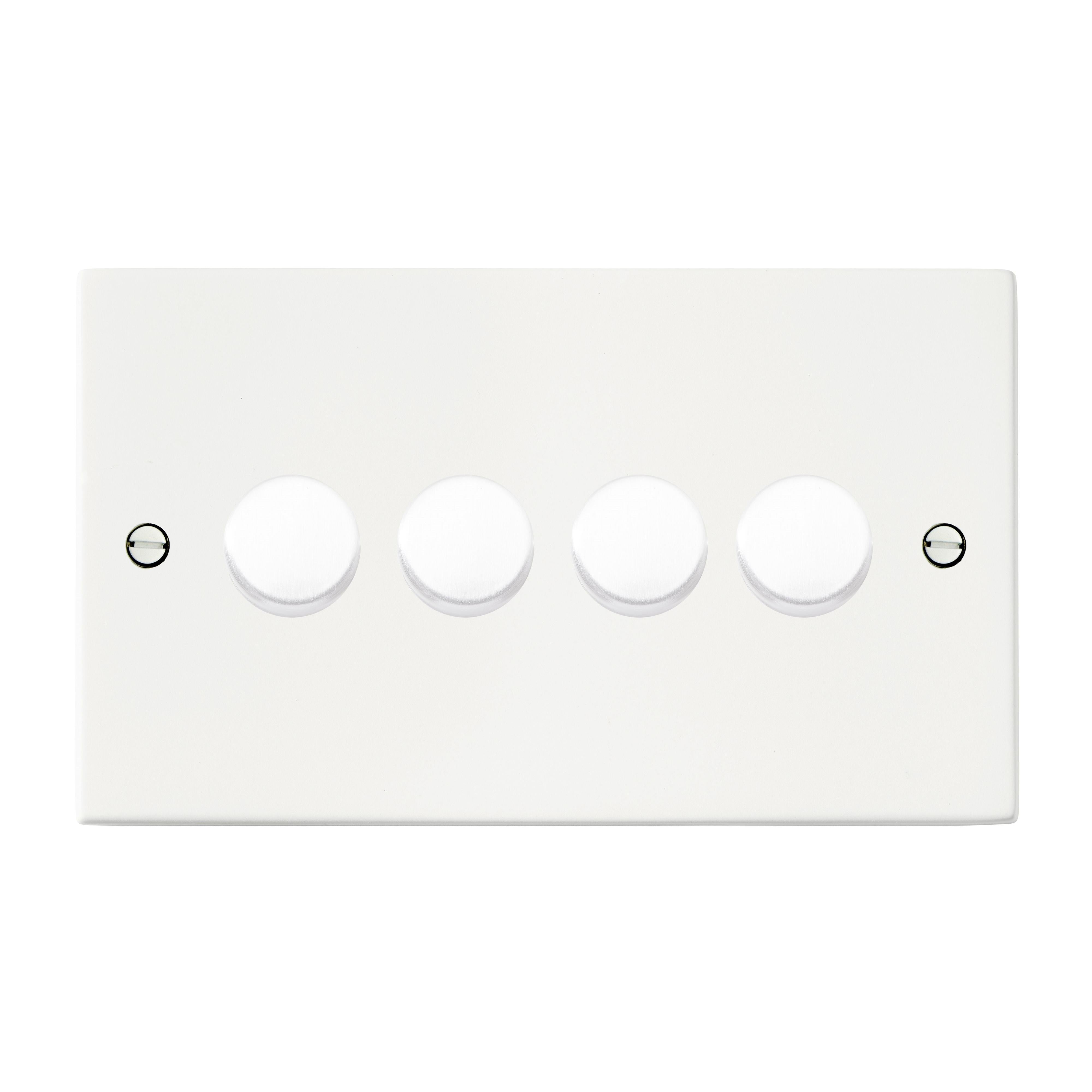 Hartland 7MW4XLEDITB250 4 gang 250W LED Trailing/Leading Edge Push On/Off Rotary 2 Way Switching Dimmer Matt White with Matt White Inserts