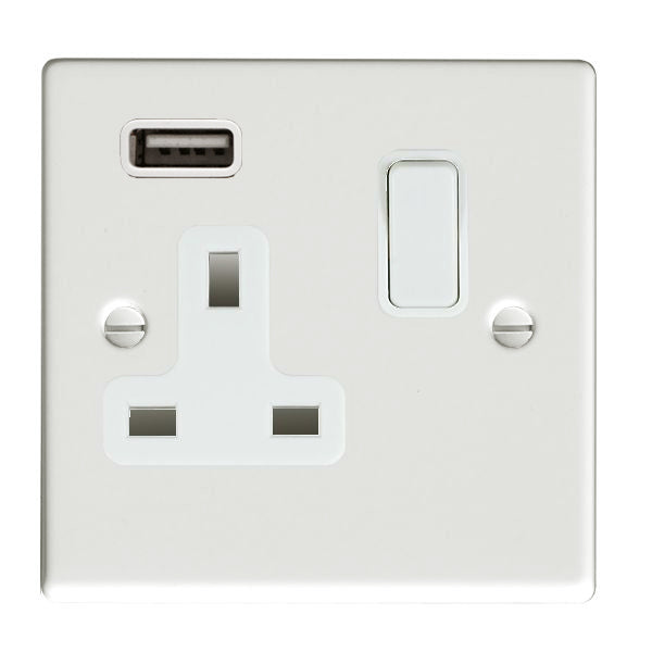 Hartland 7MWSS1USBWH-W 1 gang 13A Single Pole Switched Socket with 1 USB Outlet 1x2.1A Matt White with White/White Inserts