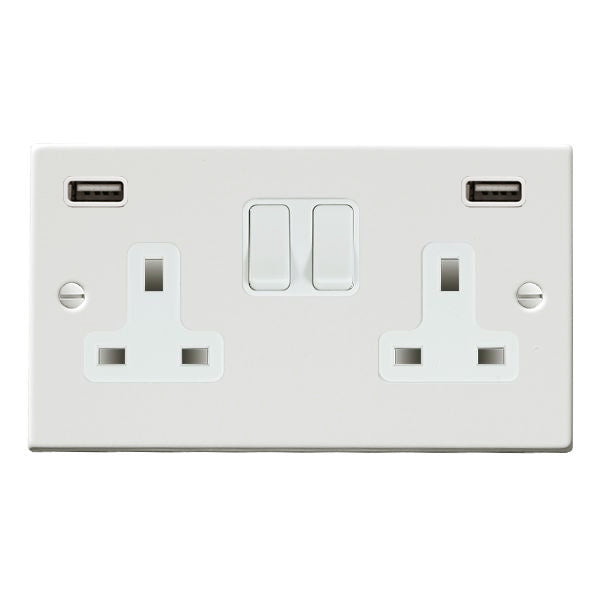 Hartland 7MWSS2USBULTWH-W 2 gang 13A Double Pole Switched Socket with 2 USB Outlets 2x2.4A (4.8A Total) Matt White with White/White Inserts