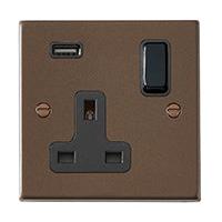 Hartland 7RBSS1USBBL-B 1 gang 13A Single Pole Switched Socket with 1 USB Outlet 1x2.1A Richmond Bronze with Black/Black Inserts