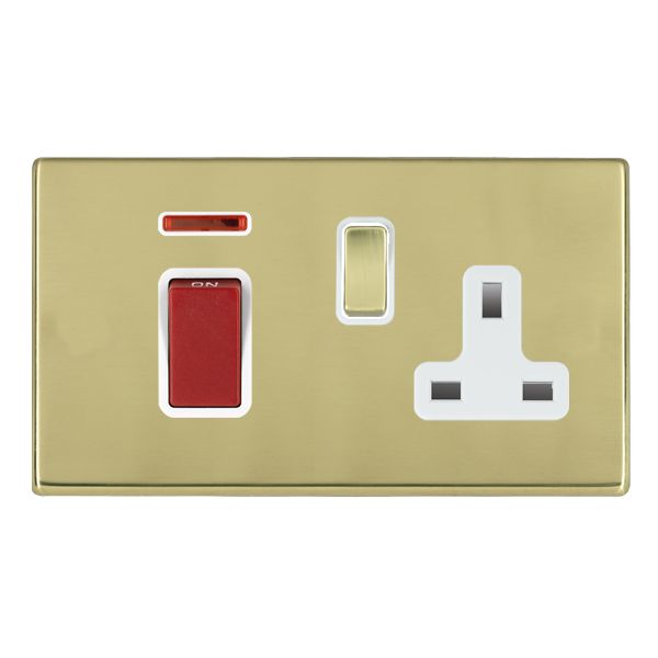 Hartland G2 7G2145SS1PB-W 45A Double Pole Red Rocker + Neon + 13A Switched Socket Polished Brass with Red+Polished Brass/White Inserts