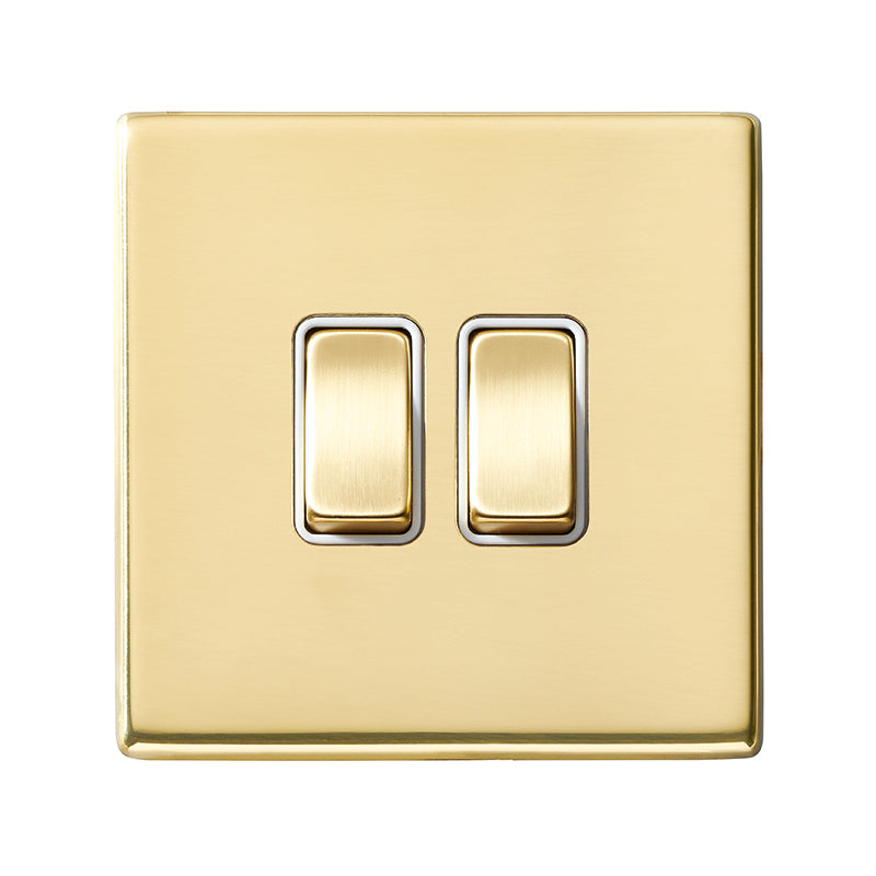 Hartland G2 7G21R22PB-W 2 gang 10AX 2 Way Rocker Polished Brass with Polished Brass/White Inserts