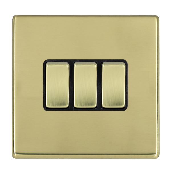 Hartland G2 7G21R23PB-B 3 gang 10AX 2 Way Rocker Polished Brass with Polished Brass/Black Inserts