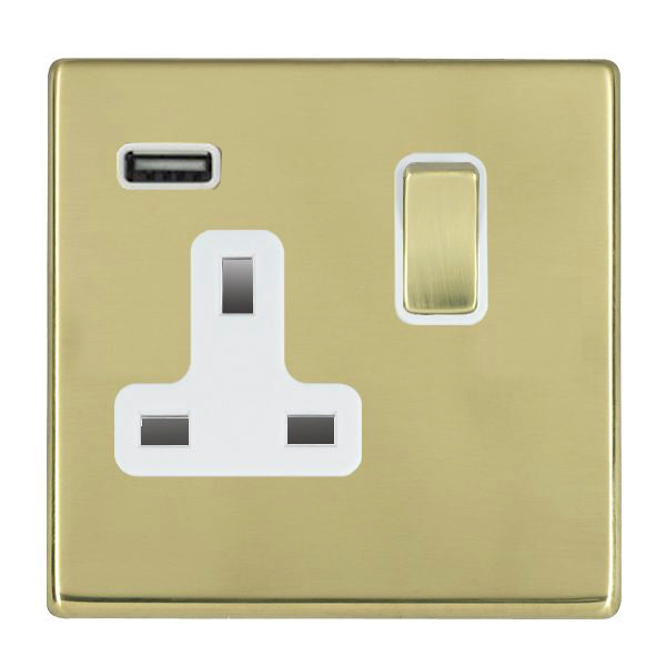 Hartland G2 7G21SS1USBPB-W 1 gang 13A Single Pole Switched Socket with 1 USB Outlet 1x2.1A Polished Brass with Polished Brass/White Inserts