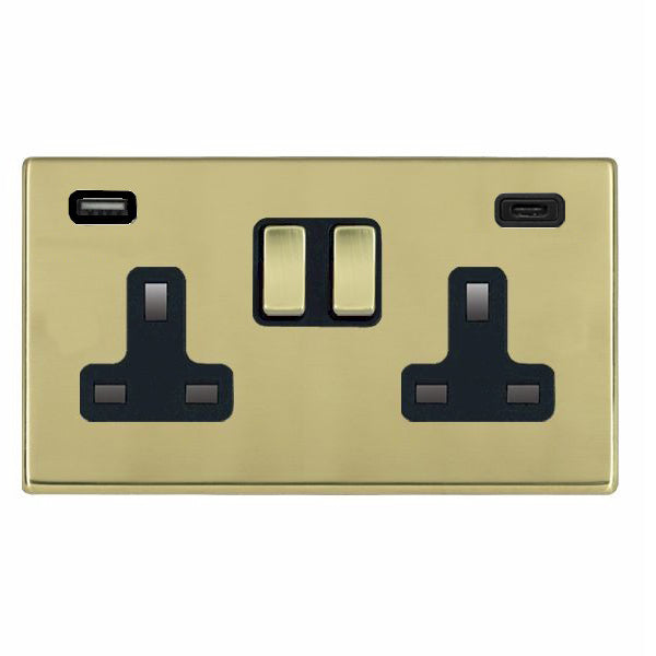 Hartland G2 7G21SS2USBCPB-B 2 gang 13A Double Pole Switched Socket with 1 USB Outlet + 1 USB Type C Outlet 2x2.4A (4.8A Total) Polished Brass with Polished Brass/Black Inserts