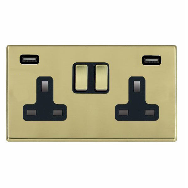 Hartland G2 7G21SS2USBULTPB-B 2 gang 13A Double Pole Switched Socket with 2 USB Outlets 2x2.4A (4.8A Total) Polished Brass with Polished Brass/Black Inserts